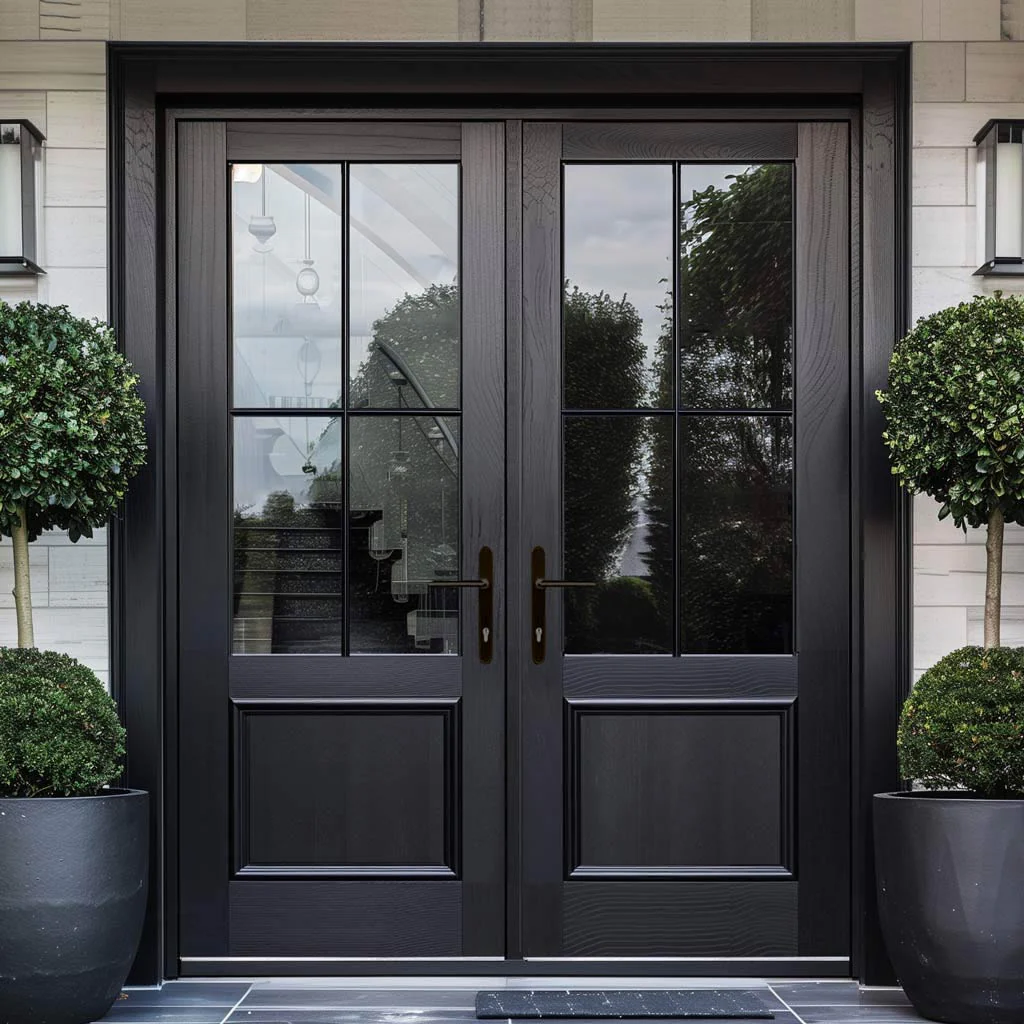 Bespoke Timber Double Doors – Specialist Carpentry by Rancol & Co Handcrafted black timber double doors with glazed panels, designed and installed by Rancol & Co as part of their specialist carpentry service